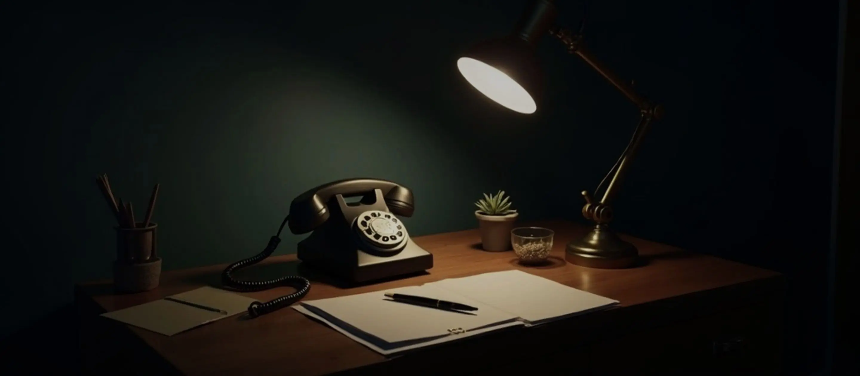 A telephone handset in its cradle under warm lamplight, a blank message pad beside it
