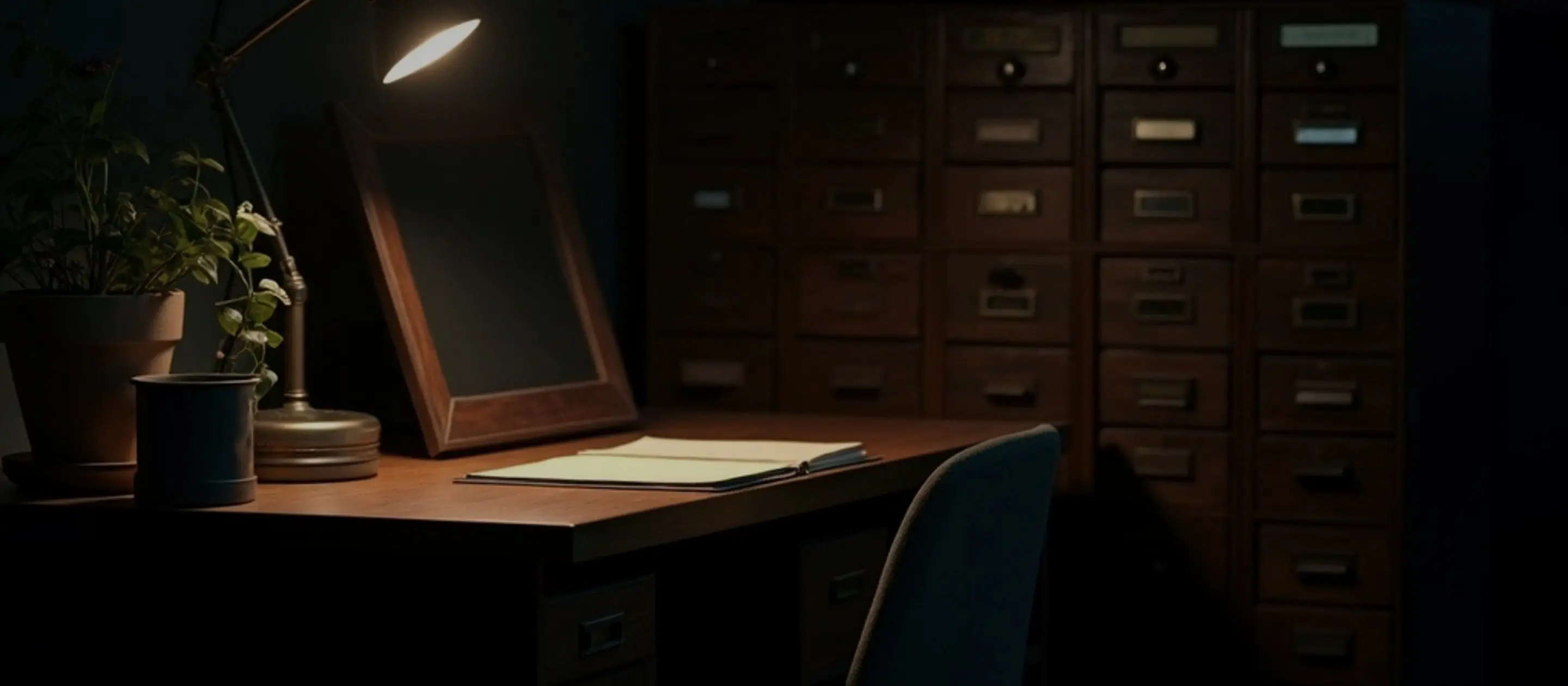 Card-catalog drawers and ledgers in lamplight; a slim dark screen leans against them on a desk